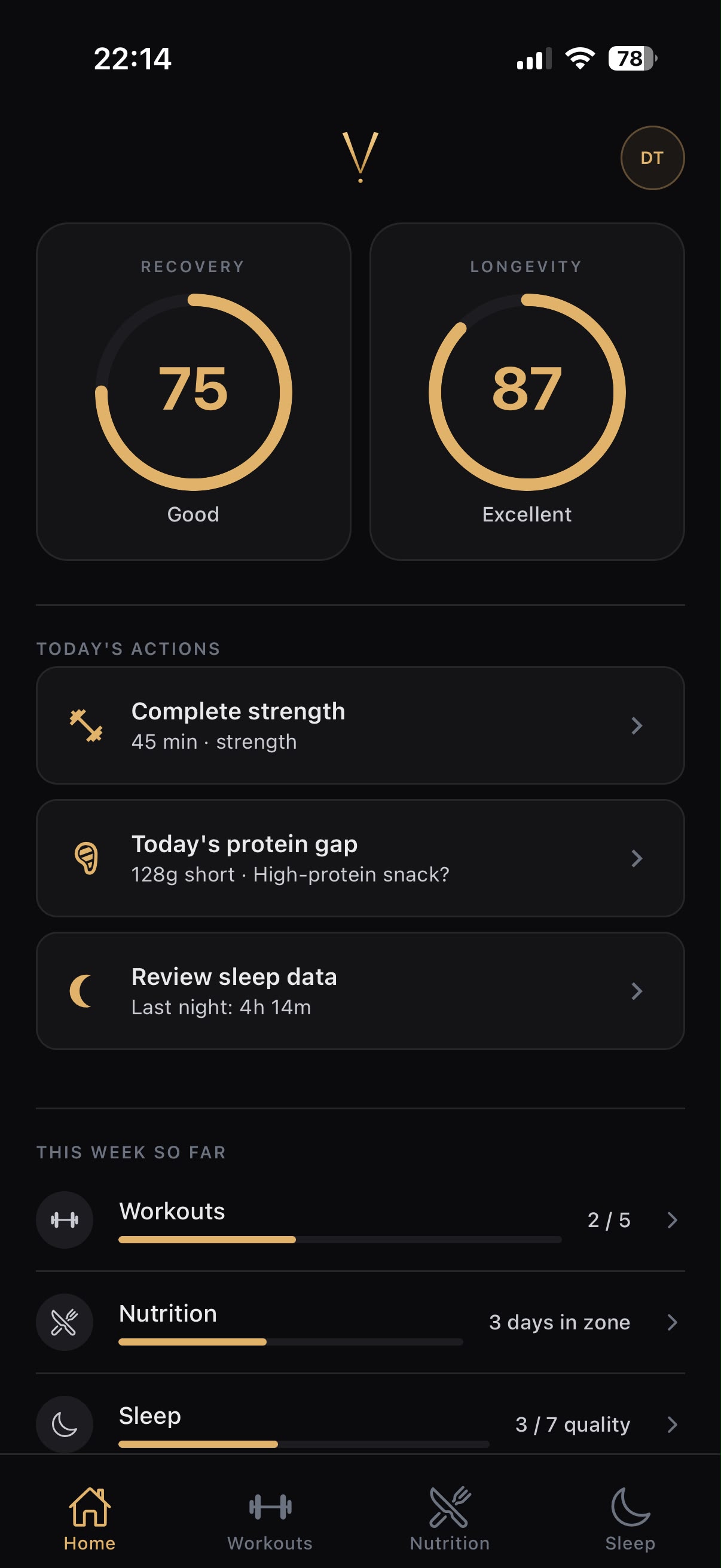 Vantage home screen with Recovery and Longevity scores and today's actions